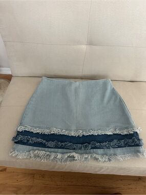 Lulu's Light Blue Denim Mini Skirt with Layered Fringe
